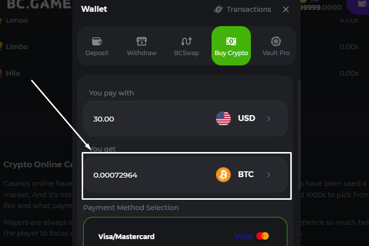 Click on the button with the coins. The default is BTC